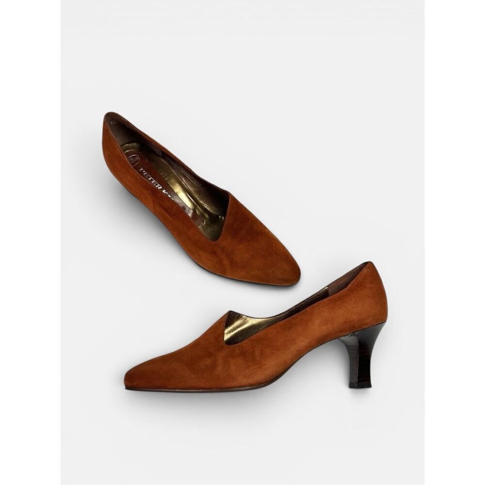 New Peter Kaiser Brown Cognac Suede Pumps Pointed Toe Asymmetric Vamp Size 9